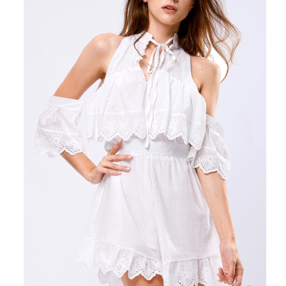 Storets White Off the Shoulder Lace Eyelet Romper